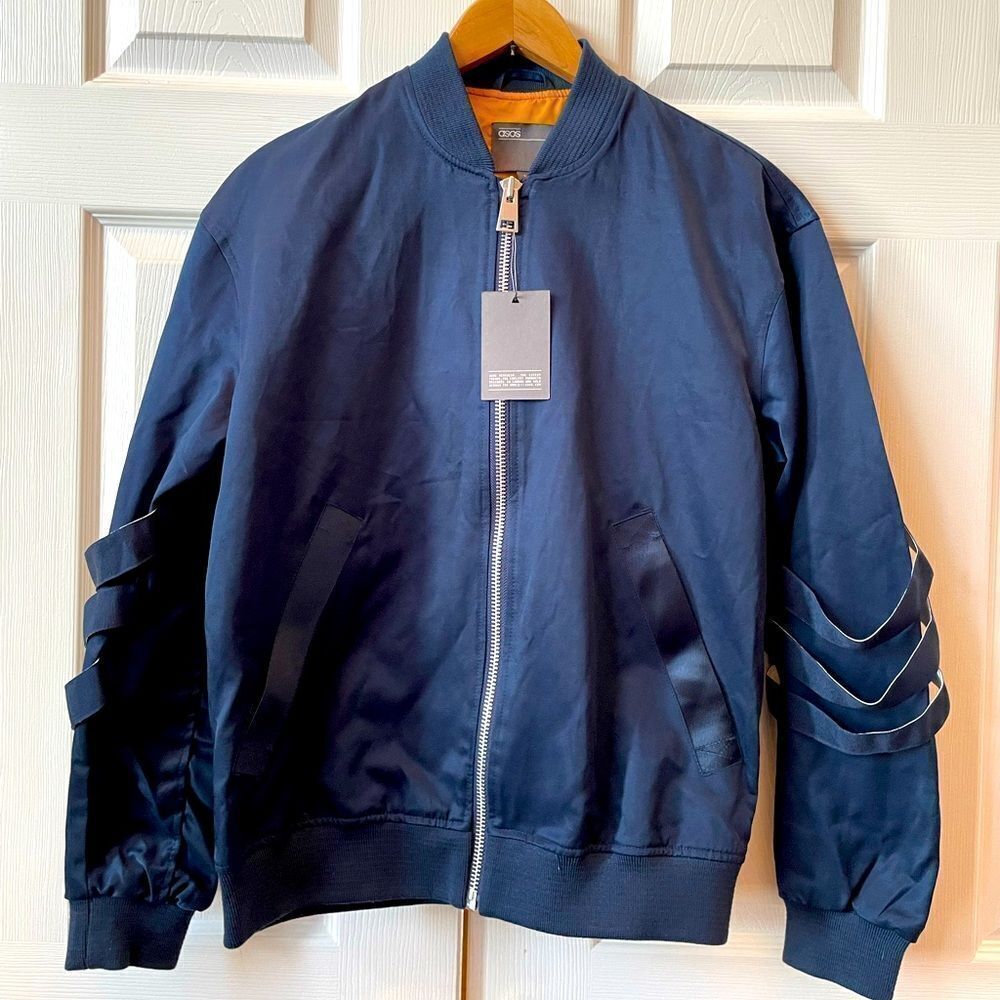 NAVY WITH ORANGE LINING ASOS BOMBER JACKET SIZE SMALL NWT